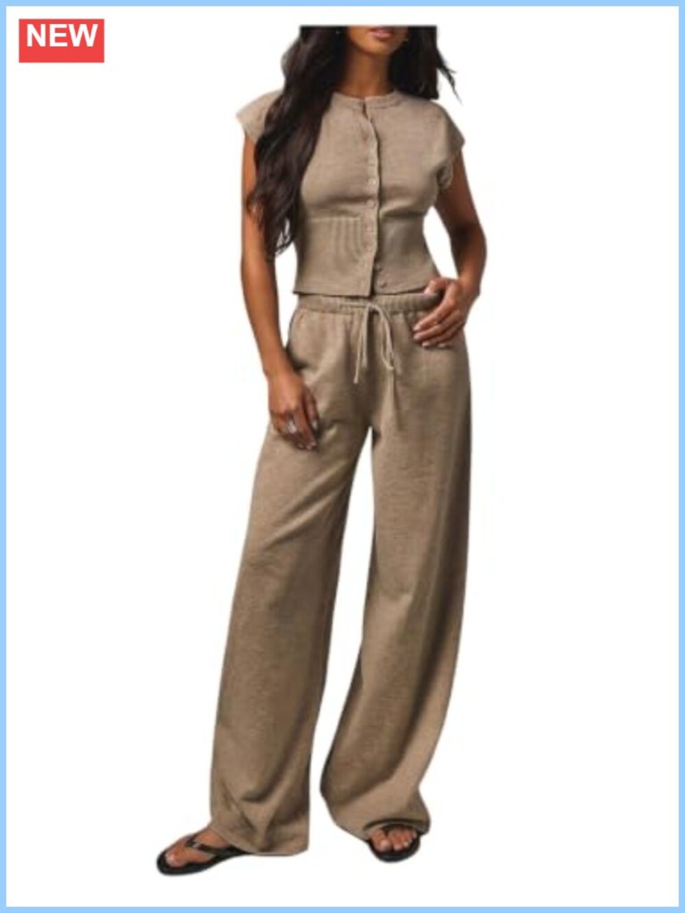 Knit 2 Piece Set Button Up Short Sleeve Sweater and Wide Leg Pants